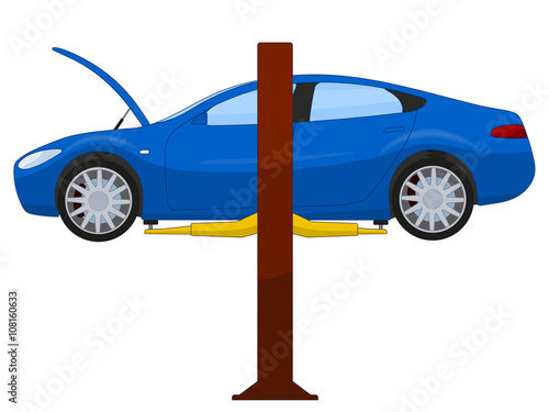 Blue sports sedan on a lift