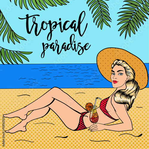 Tropical Paradise. Woman with a Cocktail. Pin Up Girl. Beautiful Woman in Hat