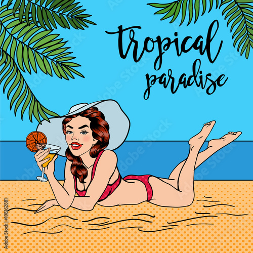 Tropical Paradise. Woman with a Cocktail. Pin Up Girl. Beautiful Woman in Hat