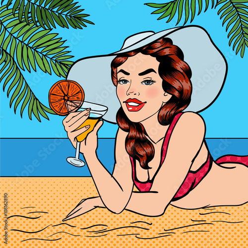 Tropical Paradise. Woman with a Cocktail. Pin Up Girl. Beautiful Woman in Hat