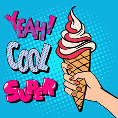 Ice Cream Cone with Comic Style Typography. Pop Art. 