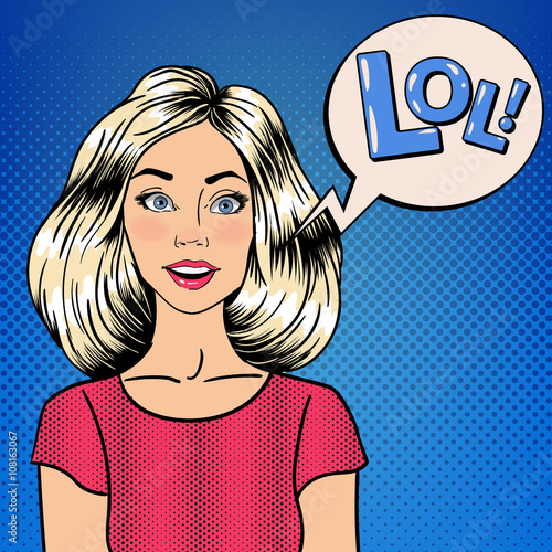 Surprised Woman. Pin Up Girl. Pop Art. Smiling Girl. Bubble Lol.