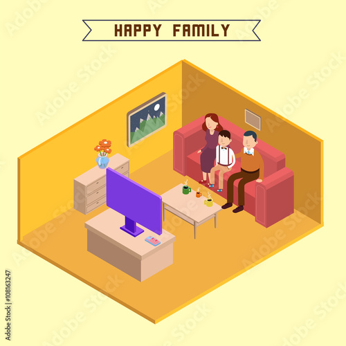 Isometric Interior. Happy Family. Isometric People. Family Watch TV © Sergii Pavlovskyi