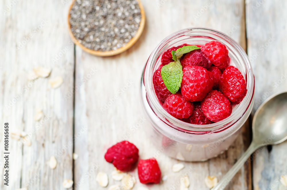 Raspberry Chia seeds overnight oats in a jar Raspberry Chia seeds overnight oats in a jar