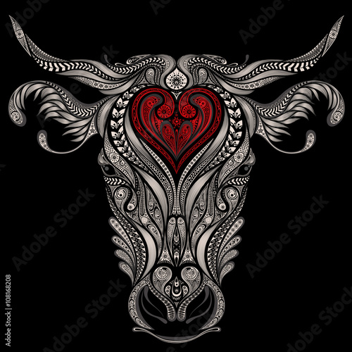 Head of cow with red heart. Love and protect animals