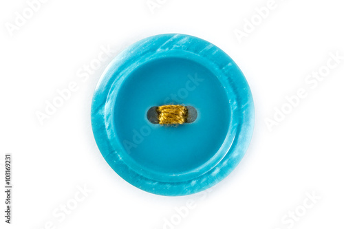 aquamarine button with gold thread on white background