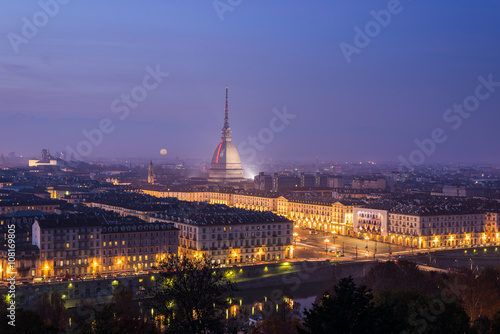 Night cityscape of Turin (Torino) from above at dusk