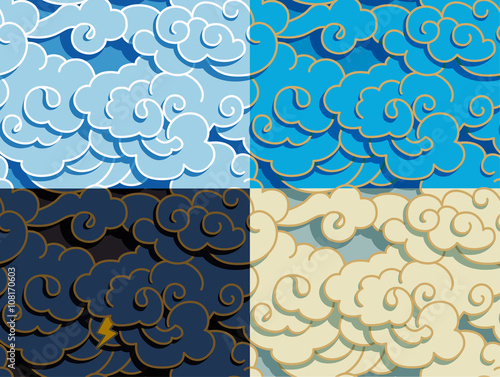 set of chinese clouds with shadow, seamless background