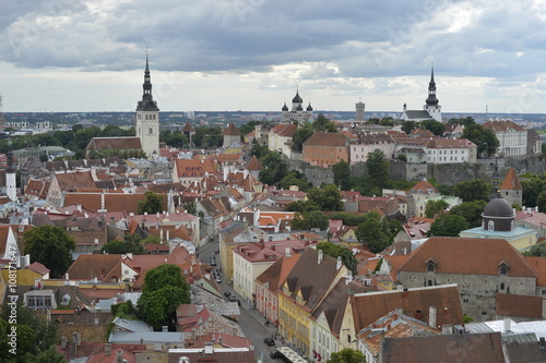 Old stoned streets, houses and red roofs of old Tallinn in the summer day.