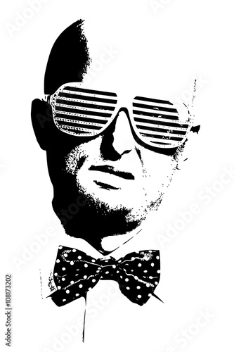 Vector bald man in fashion glasses with bow-tie in black and white illustration style