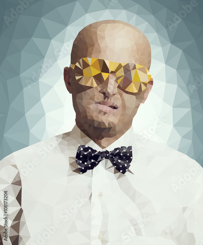 Vector polygonal illustration of bald man in fashion glasses and in white shirt with bow-tie
