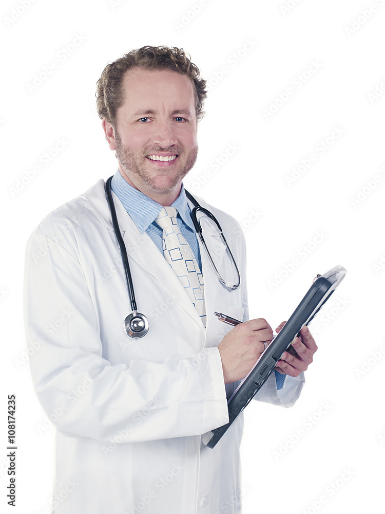happy young doctor making reports. happy young doctor making reports.