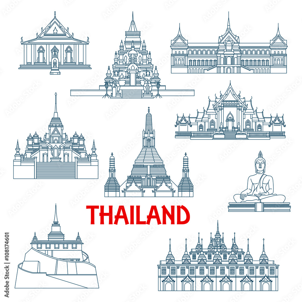 Fototapeta premium Thai travel landmarks thin line icons