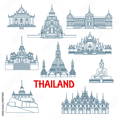 Thai travel landmarks thin line icons