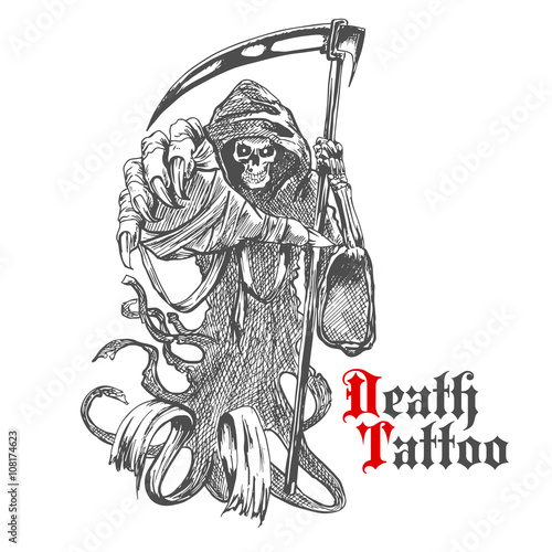 Grim reaper sketch with skeleton in cape