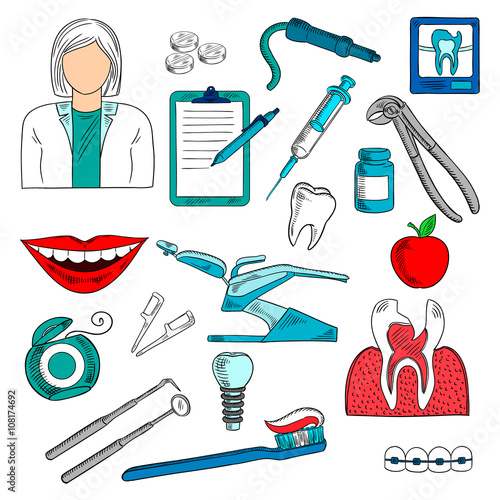 Female dentist with dentistry icons sketches