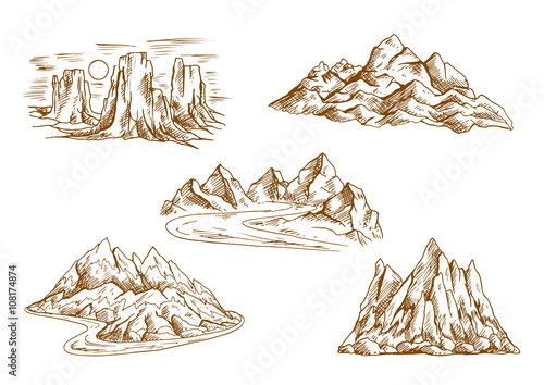 Mountain landscapes retro sketch icons