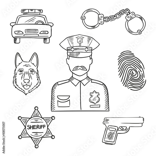 Police officer or policeman profession sketch icon