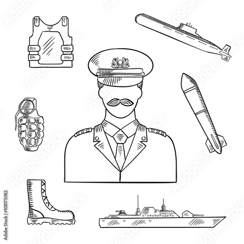 Military man with army symbols sketch icon