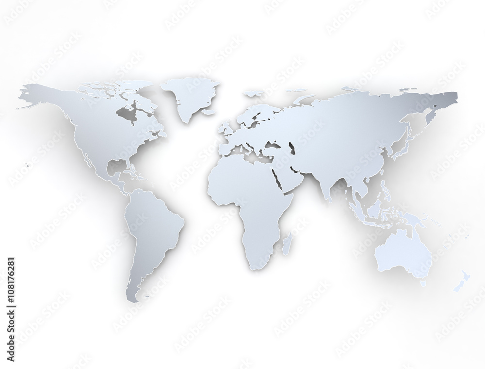 Bend world map on white background with shadow 