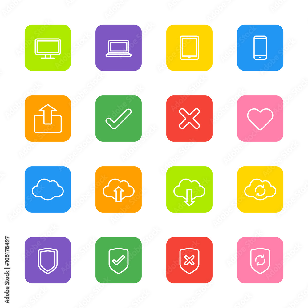 line web icon set on colorful rounded rectangle for web design, user interface (UI), infographic and mobile application (apps) line web icon set on colorful rounded rectangle for web design, user interface (UI), infographic and mobile application (apps)