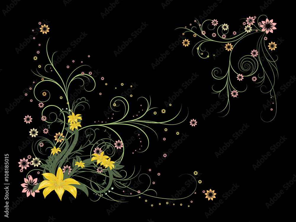 Curly pattern of flowers and petals on the black background