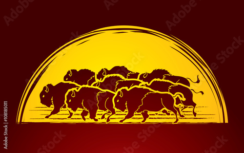 Group of buffalo running designed on moonlight background graphic vector