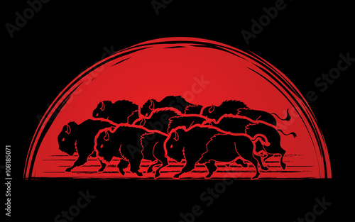 Group of buffalo running designed on sunrise background graphic vector