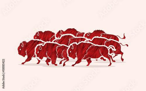 Group of buffalo running designed using red grunge brush graphic vector