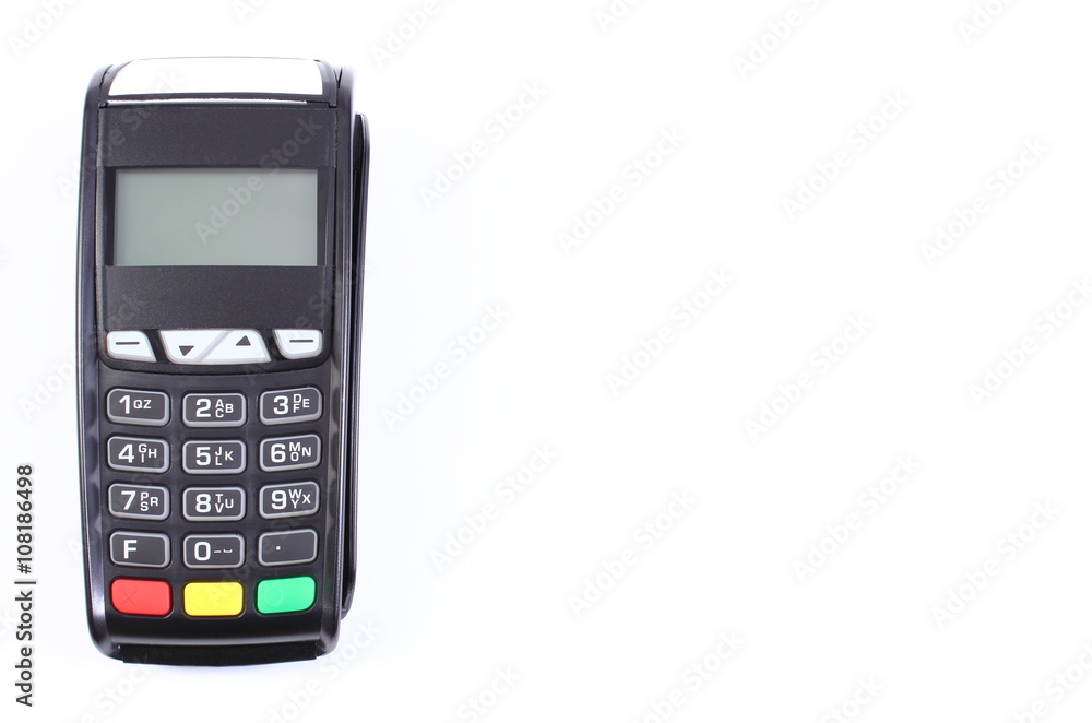 Payment terminal on white background, cashless paying for shopping, finance concept, copy space for text Payment terminal on white background, cashless paying for shopping, finance concept, copy space for text