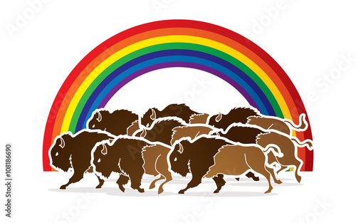 Group of buffalo running designed on line rainbows background graphic vector
