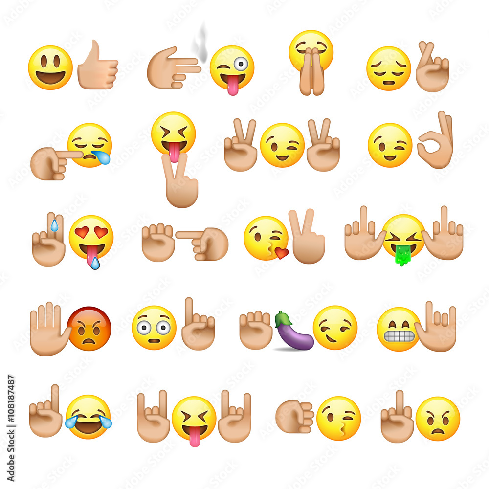Fototapeta premium Set of smiley faces and hands icons, emoji