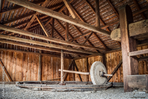 Rudimentary type of wheat mill used in Romanian villages to grind different types of grains even sunflower seeds for oil.
