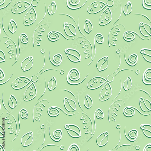 Seamless vector pattern with insect. Decorative pastel green background with ladybugs, roses and decorative elements. Series of Animals and Insects Seamless Patterns.