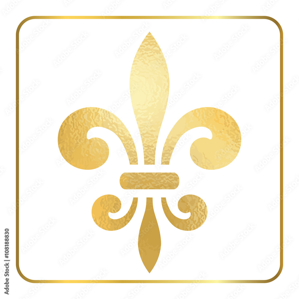 Golden fleur-de-lis heraldic emblem. Gold foil sign, isolated on white background. Design lily insignia element. Glowing french fleur de lis royal lily. Elegant decoration symbol. Vector Illustration.
