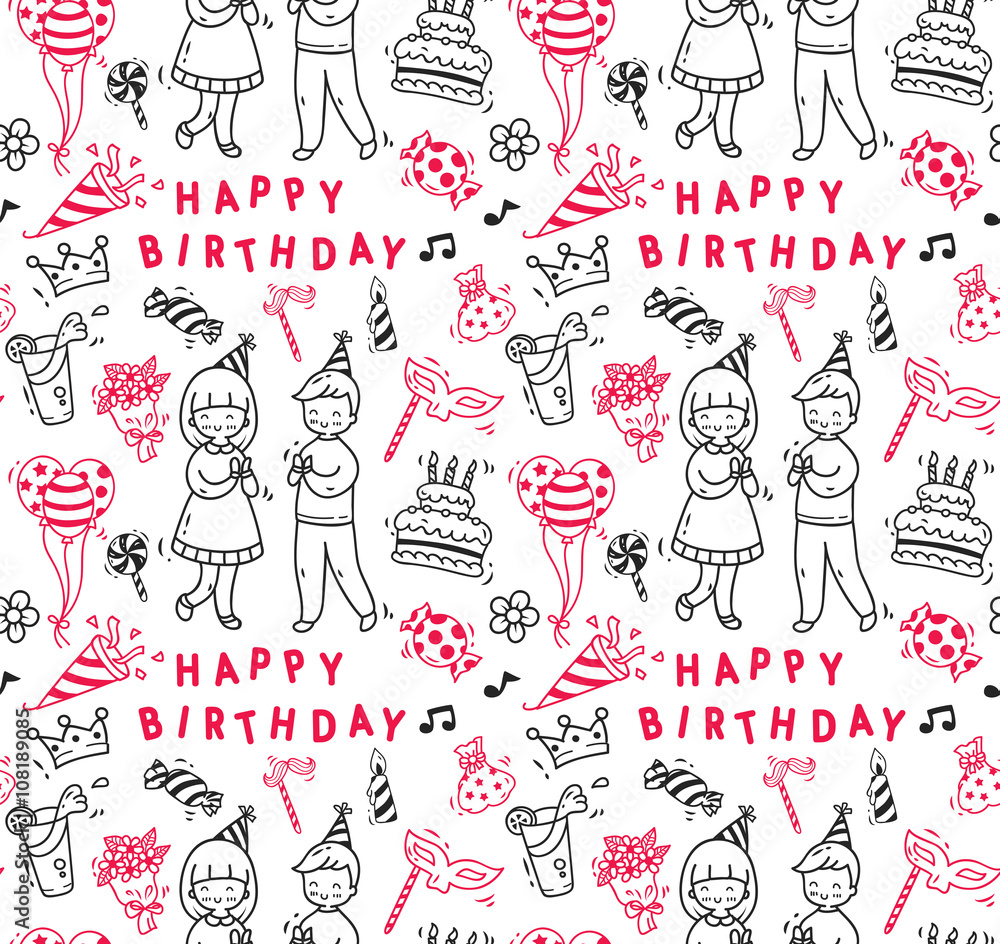 Fototapeta premium Birthday party doodle seamless background, birthday party design element