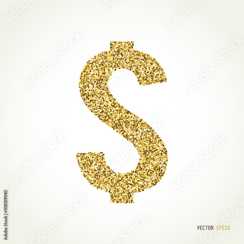  Gold glitter dollar sign on white background. 