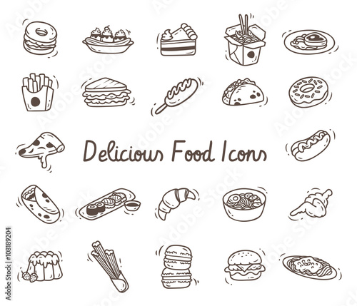 Set of delicious food icon in doodle style