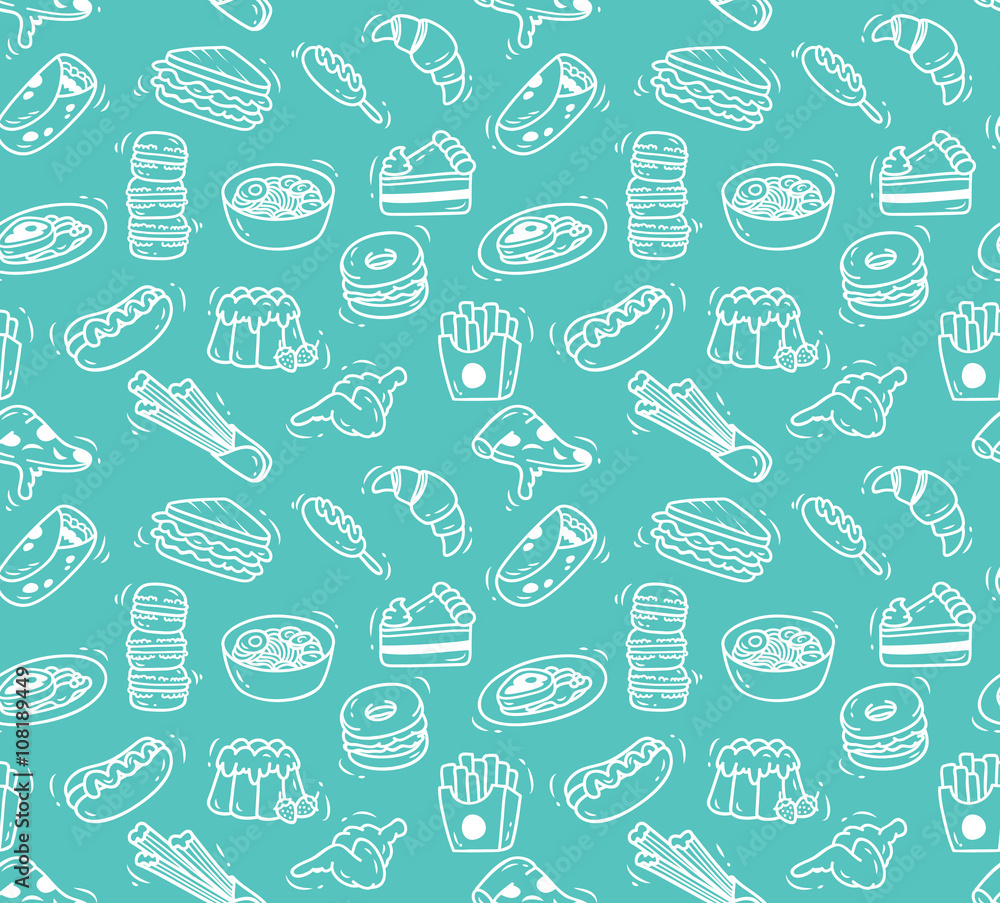 Various food doodle seamless background, restaurant background, various food in doodle style Various food doodle seamless background, restaurant background, various food in doodle style