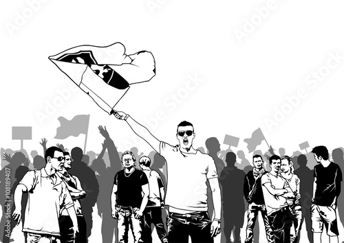 Demonstration - the crowd holds up placards and flags, Vector illustration