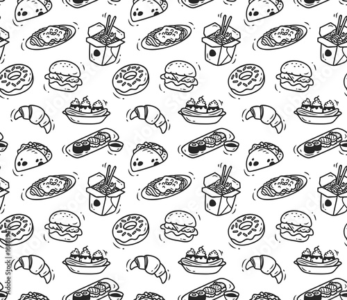 Various food doodle seamless background  restaurant background  various food in doodle style