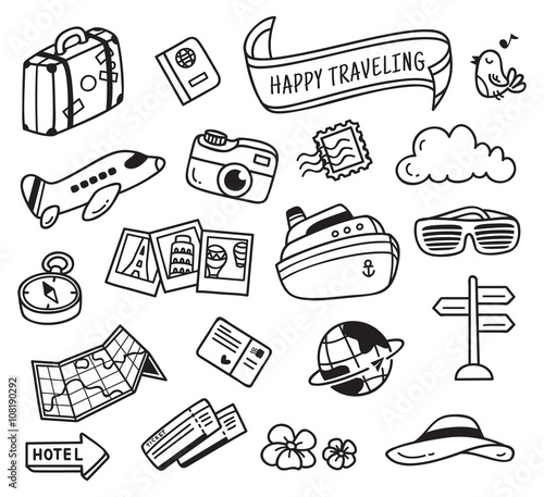 travel themed doodle isolated on white background