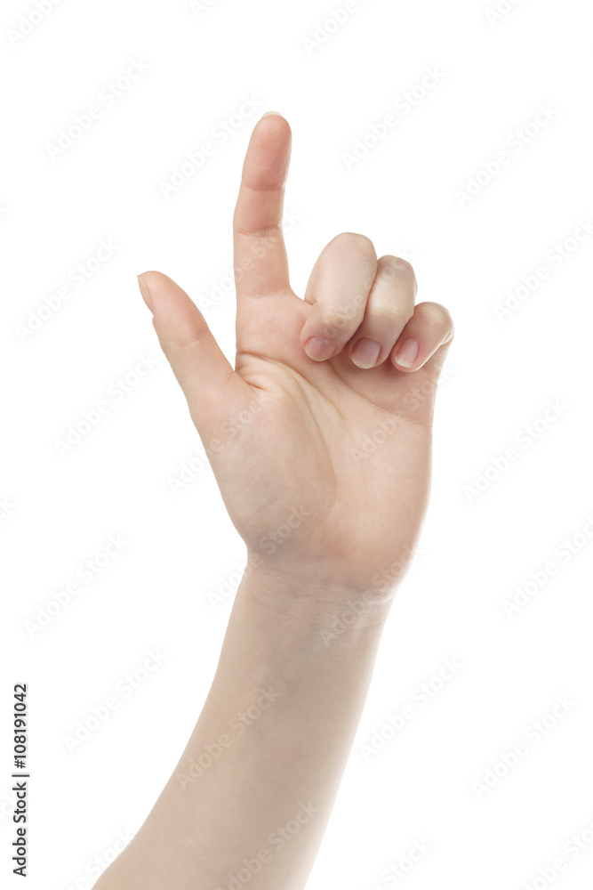 young woman hand touch screen gesture towards camera, isolated on white background young woman hand touch screen gesture towards camera, isolated on white background