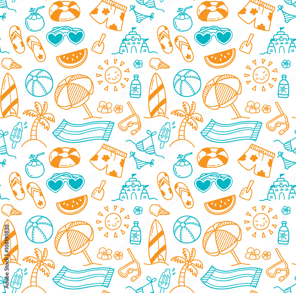 summer themed seamless background in doodle style