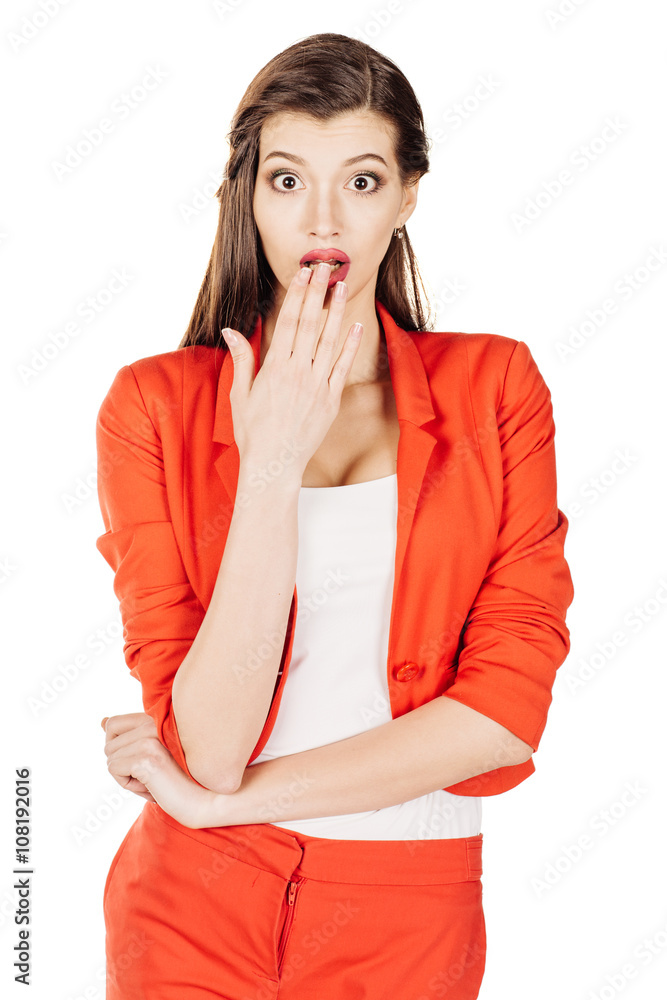 portrait of surprised young business woman in red suit throwing up her hands and shrugging shoulders, human emotions and gesture, having no clue. isolated on white background. business concept portrait of surprised young business woman in red suit throwing up her hands and shrugging shoulders, human emotions and gesture, having no clue. isolated on white background. business concept