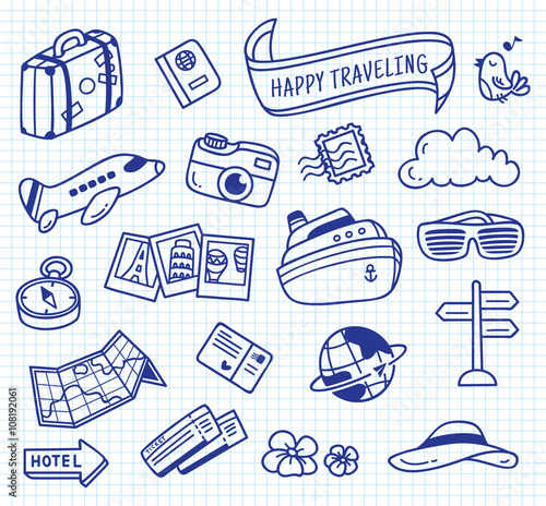 travel themed doodle on paper background