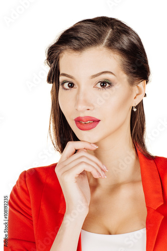 portrait young business woman in red suit. isolated on white background.