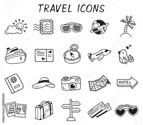 travel themed icon doodle isolated on white background