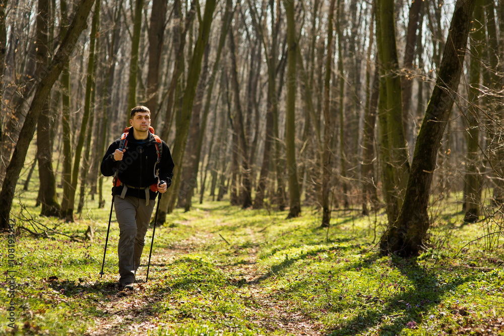 Active healthy man hiking in beautiful forest Active healthy man hiking in beautiful forest