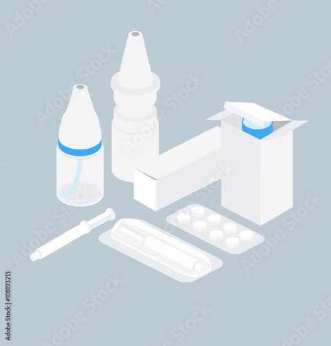 Pills tablets and medicines package isometric icons set vector illustration